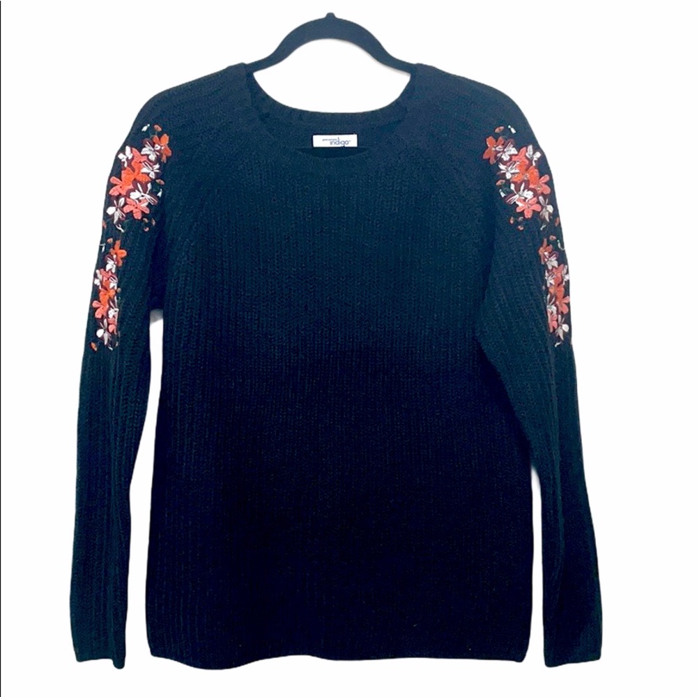 Solid Knit Embroidered Sweater- Black